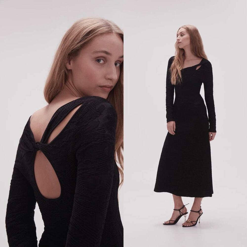 Aje Celeste Twist Knit Midi Dress Black Long Sleeve Dress
